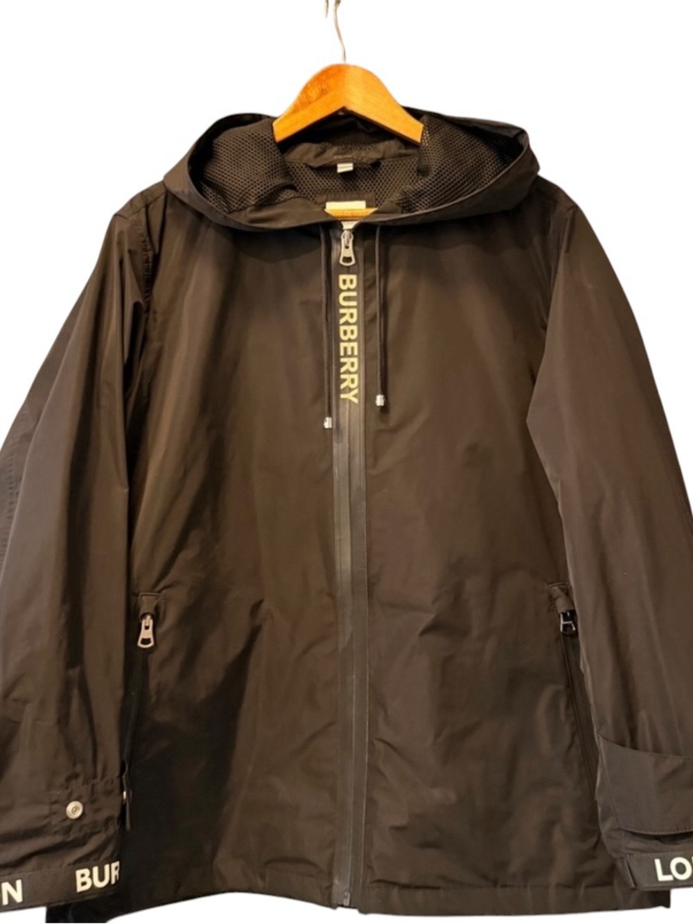 Burberry Black Hooded Raincoat with Branded Zip Trim (US 14)